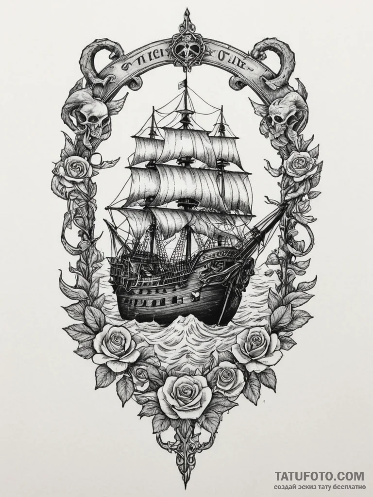 Pirate ship fighting a kraken, artistic tatto... - эскиз тату (№1754853684_0, 10.08.2025 19:21) — Tatufoto.com