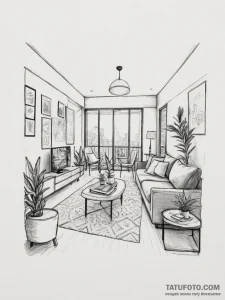 A minimalist, scandinavian-style living room... - эскиз тату (№1754854676_0, 10.08.2025 19:37) — Tatufoto.com