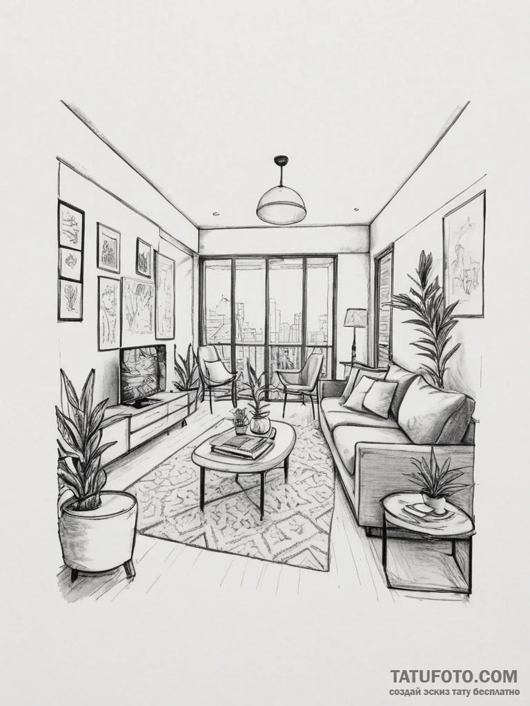 A minimalist, scandinavian-style living room... - эскиз тату (№1754854676_0, 10.08.2025 19:37) — Tatufoto.com