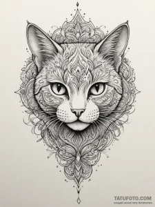 Cat, ink illustration for tattoo, on a clean... - эскиз тату (№1754855477_0, 10.08.2025 19:51) — Tatufoto.com