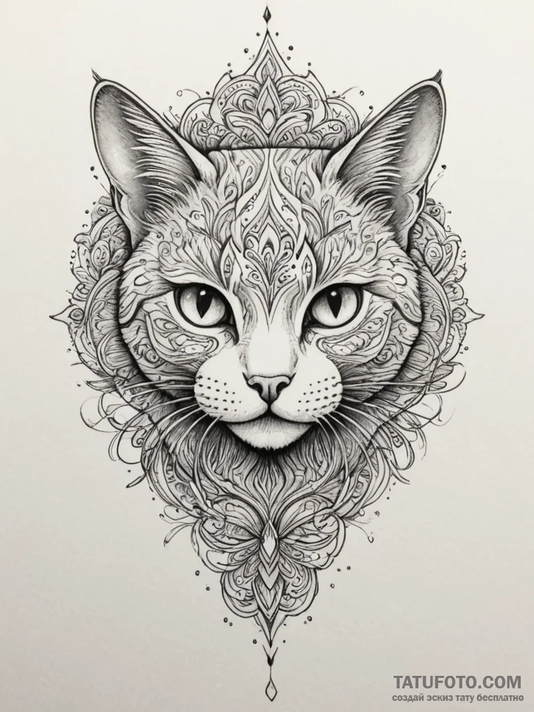 Cat, ink illustration for tattoo, on a clean... - эскиз тату (№1754855477_0, 10.08.2025 19:51) — Tatufoto.com