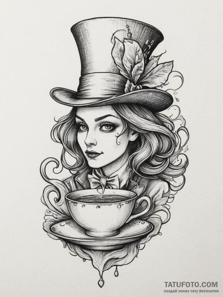 The mad hatter's tea party, tattoo flash shee... - эскиз тату (№1754855674_0, 10.08.2025 19:54) — Tatufoto.com