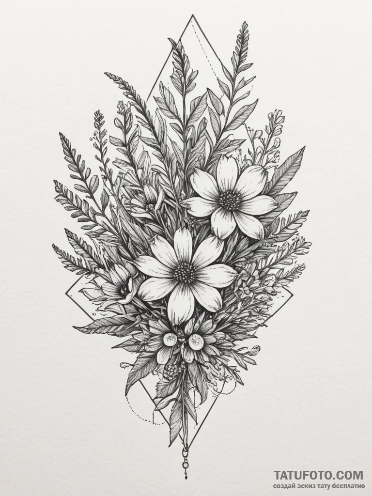Tattoo sketch a bouquet of wildflowers, varie... - эскиз тату (№1754858672_0, 10.08.2025 20:44) — Tatufoto.com