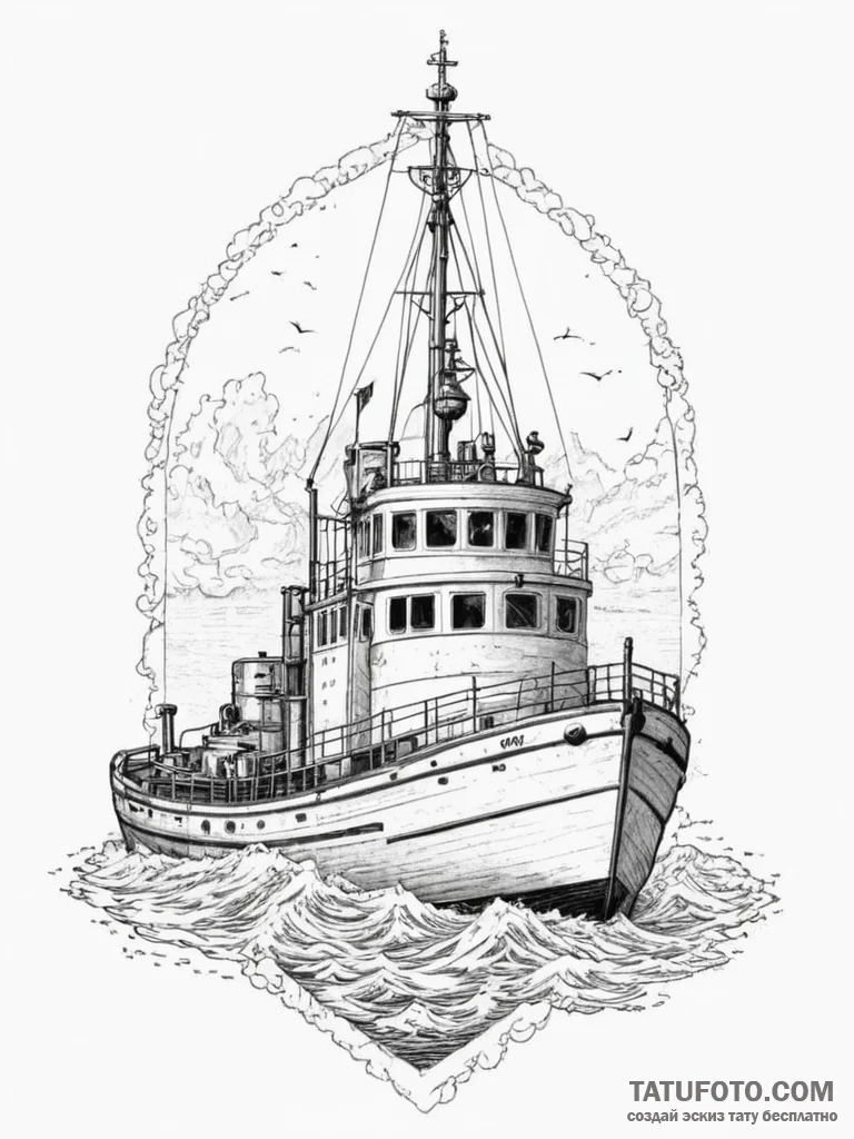 A shot of a tugboat guiding a large ship into... - эскиз тату (№1754860276_0, 10.08.2025 21:11) — Tatufoto.com