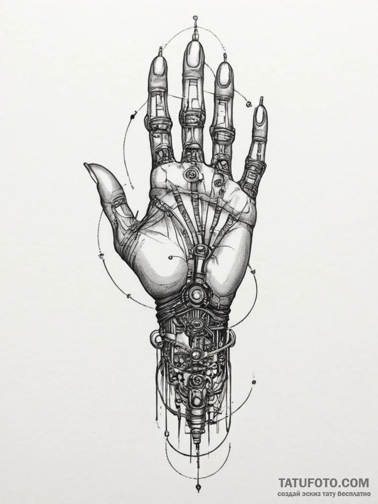 Tattoo sketch a cybernetic arm with intricate... - эскиз тату (№1754863480_0, 10.08.2025 22:04) — Tatufoto.com