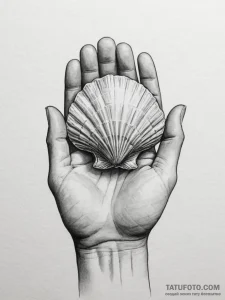 A hand holding a delicate, translucent seashe... - эскиз тату (№1754864085_0, 10.08.2025 22:14) — Tatufoto.com