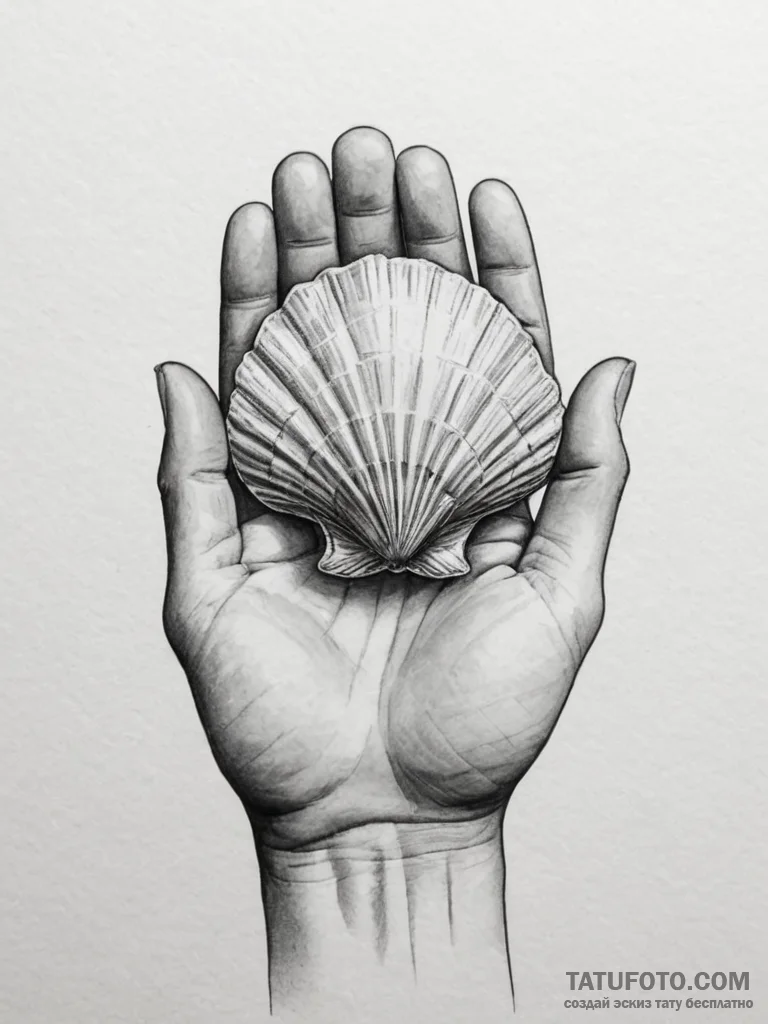 A hand holding a delicate, translucent seashe... - эскиз тату (№1754864085_0, 10.08.2025 22:14) — Tatufoto.com