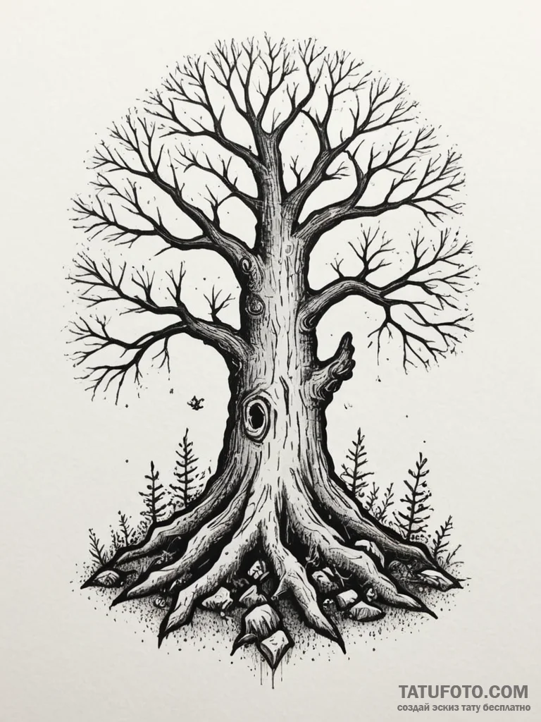 Tattoo sketch a strong, gnarled tree stump, s... - эскиз тату (№1754868907_0, 10.08.2025 23:35) — Tatufoto.com