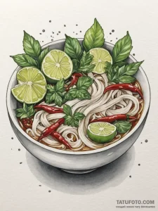 A vibrant bowl of pho, with fresh herbs, lime... - эскиз тату (№1754870100_0, 10.08.2025 23:55) — Tatufoto.com