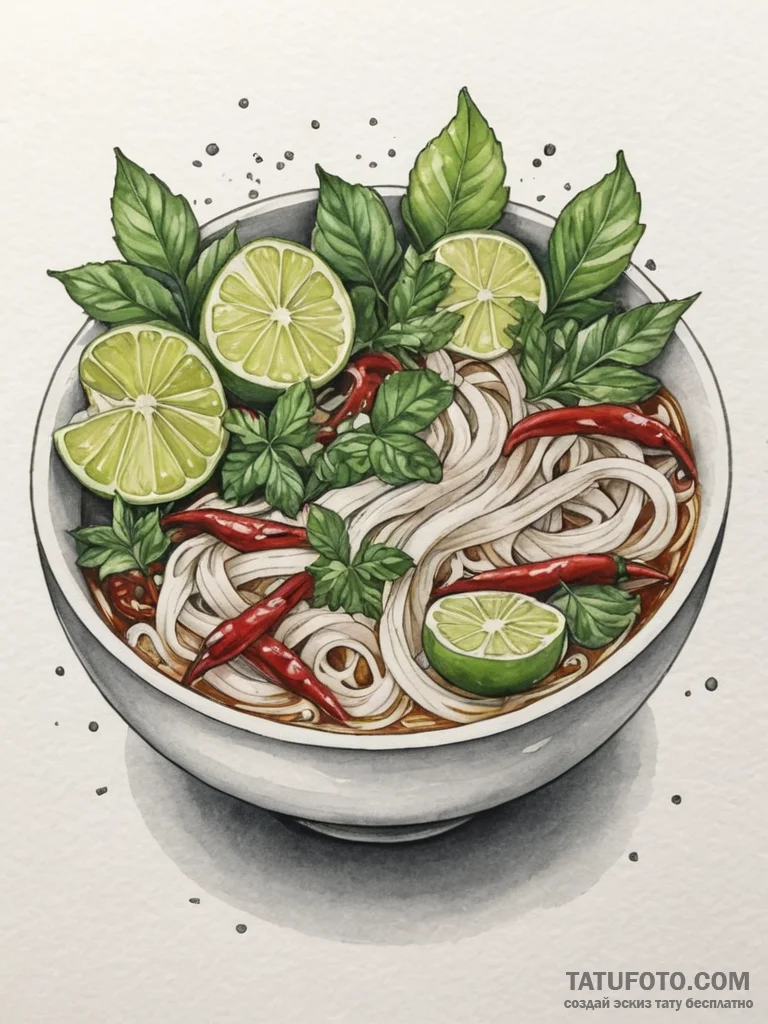 A vibrant bowl of pho, with fresh herbs, lime... - эскиз тату (№1754870100_0, 10.08.2025 23:55) — Tatufoto.com