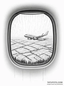 The view through a rain-streaked airplane win... - эскиз тату (№1754870297_0, 10.08.2025 23:58) — Tatufoto.com
