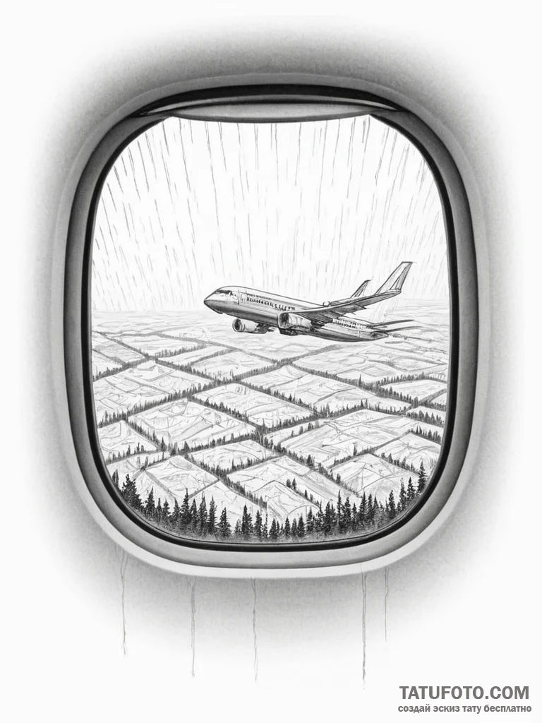 The view through a rain-streaked airplane win... - эскиз тату (№1754870297_0, 10.08.2025 23:58) — Tatufoto.com