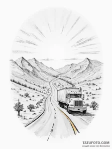 A long-haul truck driving down a deserted hig... - эскиз тату (№1754870700_0, 11.08.2025 00:05) — Tatufoto.com