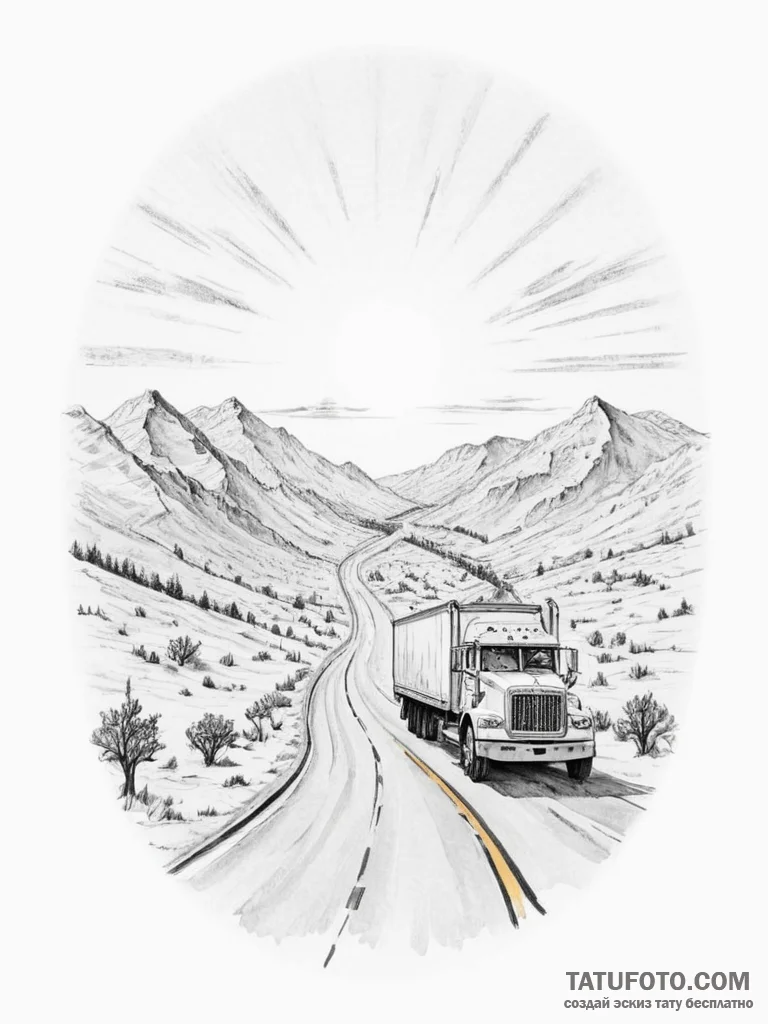 A long-haul truck driving down a deserted hig... - эскиз тату (№1754870700_0, 11.08.2025 00:05) — Tatufoto.com