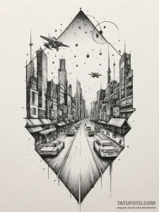 Tattoo sketch a futuristic cityscape at night... - эскиз тату (№1754877065_0, 11.08.2025 01:51) — Tatufoto.com