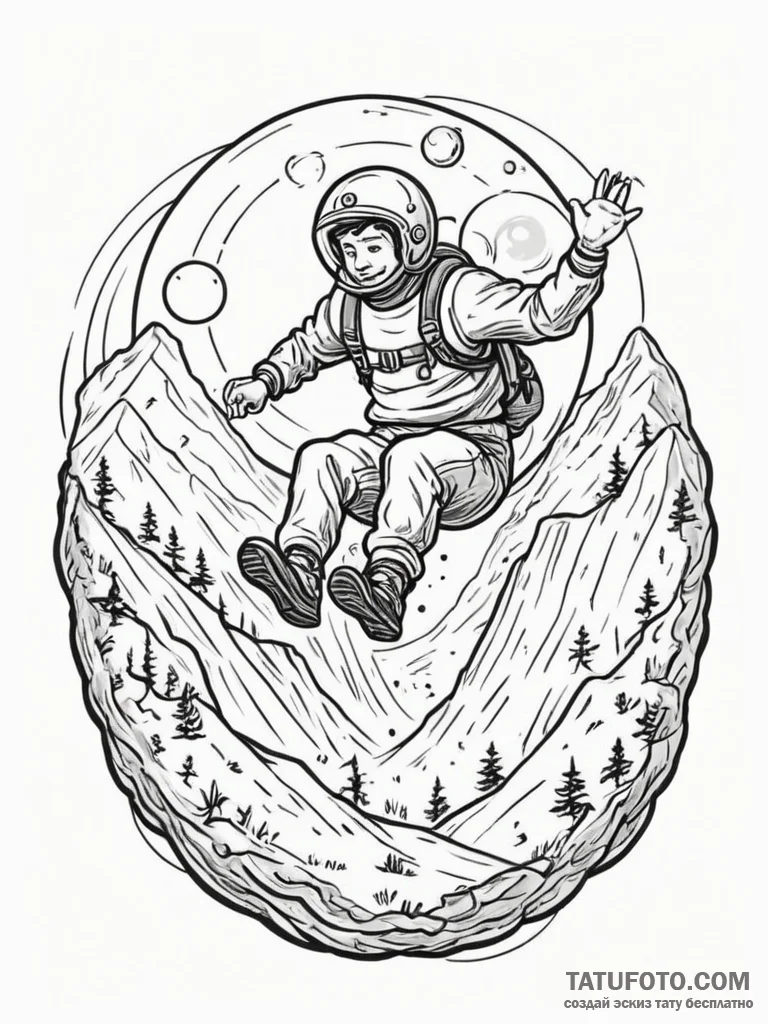 A person zorbing down a hill., ink illustrati... - эскиз тату (№1754882013_0, 11.08.2025 03:13) — Tatufoto.com