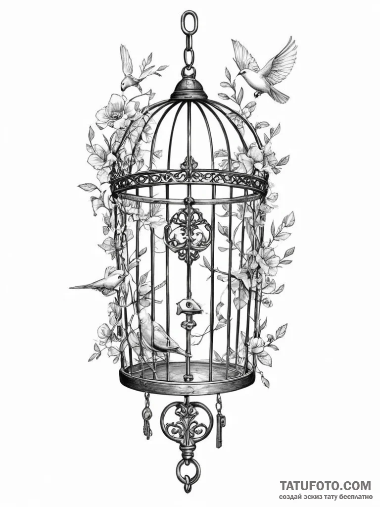 Tattoo sketch a key unlocking a birdcage, wit... - эскиз тату (№1754882808_0, 11.08.2025 03:26) — Tatufoto.com