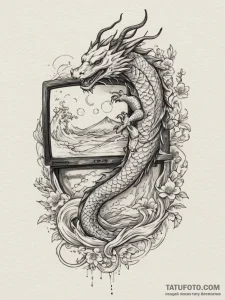 Tattoo sketch an old crt tv displaying a futu... - эскиз тату (№1754886775_0, 11.08.2025 04:32) — Tatufoto.com
