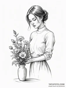 A person arranging flowers in a vase. - эскиз тату (№1754886972_0, 11.08.2025 04:36) — Tatufoto.com