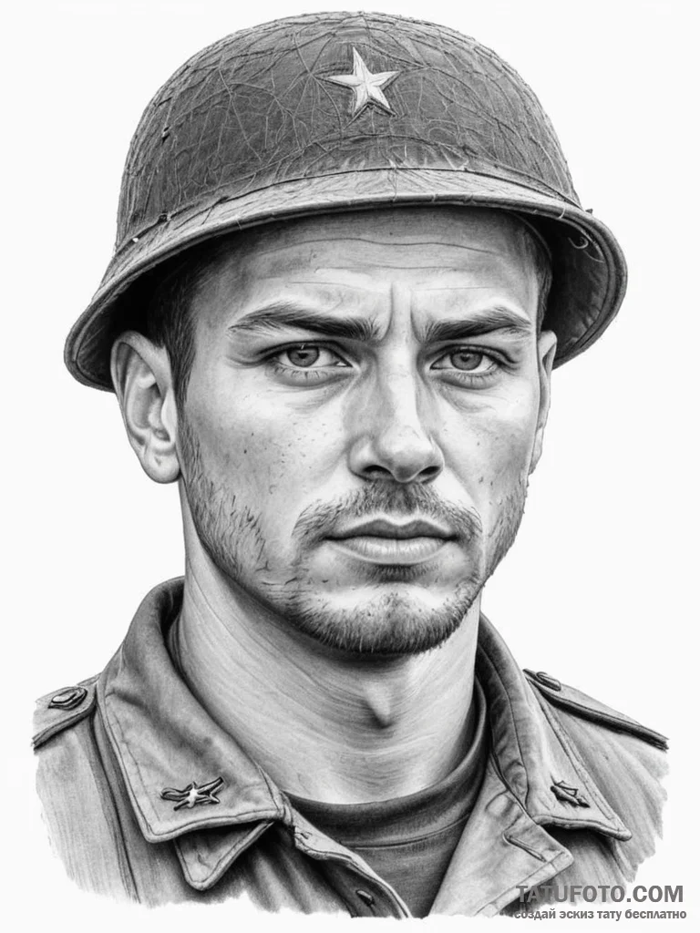 Tattoo sketch a soldier's face etched with ex... - эскиз тату (№1754890151_0, 11.08.2025 05:29) — Tatufoto.com