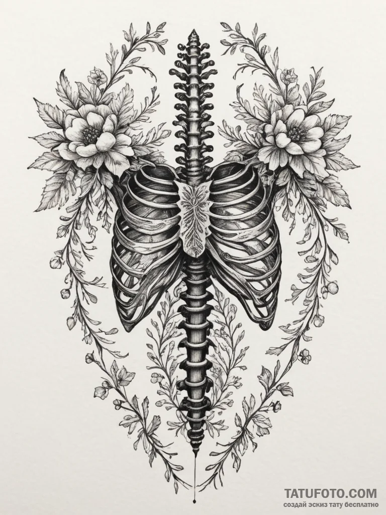 Tattoo sketch a ribcage adorned with delicate... - эскиз тату (№1754892536_0, 11.08.2025 06:08) — Tatufoto.com