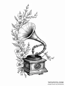 A gramophone with flowers growing out of the... - эскиз тату (№1754896897_0, 11.08.2025 07:21) — Tatufoto.com