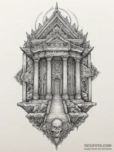 An ancient temple with neon holographic glyph... - эскиз тату (№1754900078_0, 11.08.2025 08:14) — Tatufoto.com