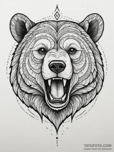 Tattoo sketch a bear's head roaring, with tri... - эскиз тату (№1754903248_0, 11.08.2025 09:07) — Tatufoto.com