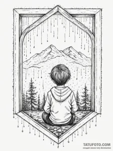 A child looking out a rain-streaked window on... - эскиз тату (№1754908201_0, 11.08.2025 10:30) — Tatufoto.com