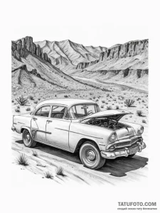 A dusty, forgotten vintage car left to rust i... - эскиз тату (№1754908792_0, 11.08.2025 10:39) — Tatufoto.com