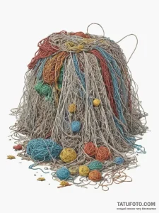 A pile of colorful, discarded fishing nets on... - эскиз тату (№1754914741_0, 11.08.2025 12:19) — Tatufoto.com