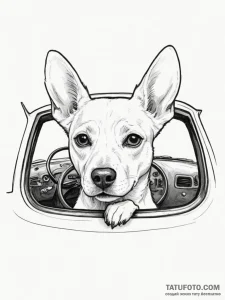 A dog with its head out of a car window, ears... - эскиз тату (№1754921639_0, 11.08.2025 14:13) — Tatufoto.com