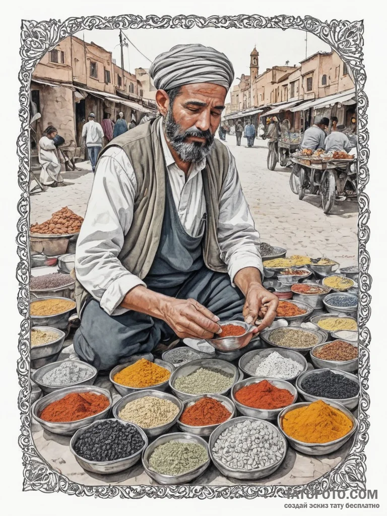A photo of a street vendor in marrakech, arra... - эскиз тату (№1754927270_0, 11.08.2025 15:47) — Tatufoto.com