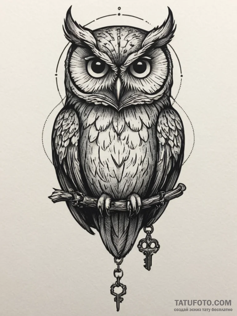Owl with key, tattoo drawing outline, blackwo... - эскиз тату (№1754927680_0, 11.08.2025 15:54) — Tatufoto.com