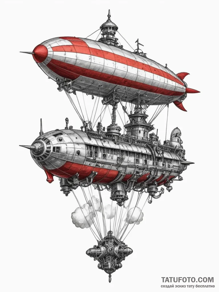Steampunk airship, tattoo line art, dotwork s... - эскиз тату (№1754927881_0, 11.08.2025 15:58) — Tatufoto.com