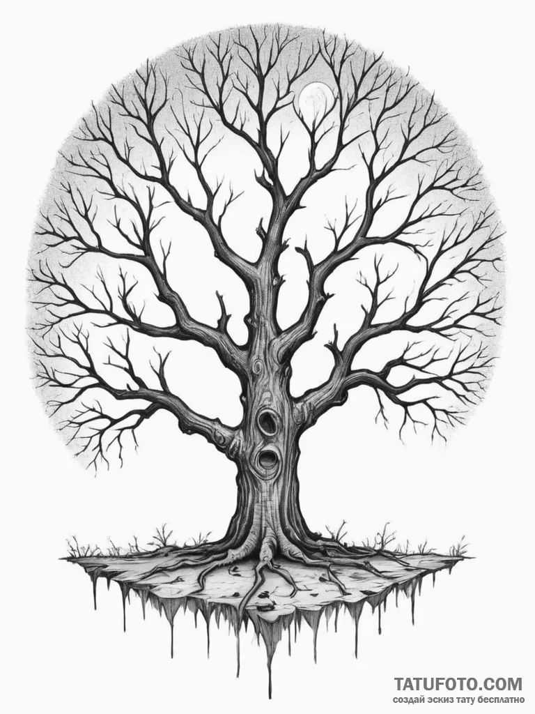 A gnarled, dead tree against a full moon, tat... - эскиз тату (№1754951229_0, 11.08.2025 22:27) — Tatufoto.com