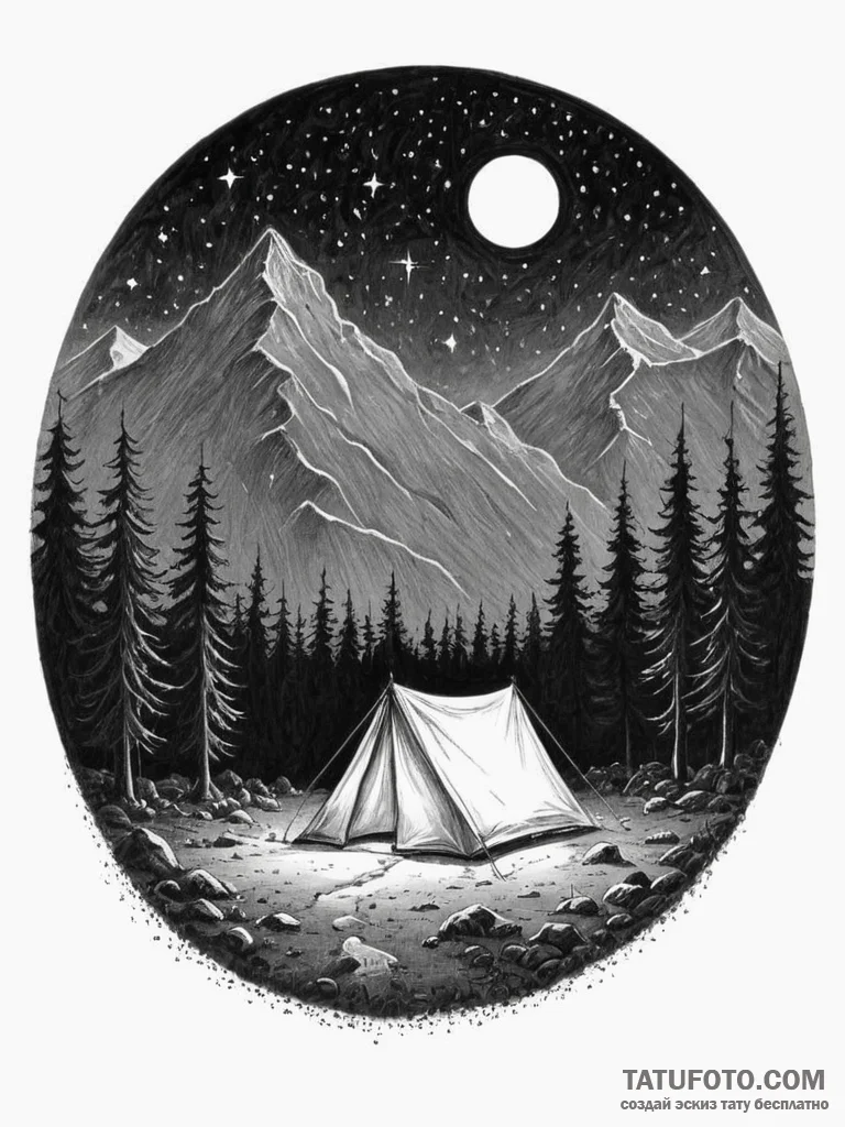 A single, illuminated tent in the vast, dark... - эскиз тату (№1754952638_0, 11.08.2025 22:50) — Tatufoto.com
