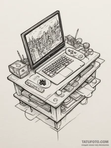 Tattoo sketch a gamer's entire setup from a b... - эскиз тату (№1754955442_0, 11.08.2025 23:37) — Tatufoto.com