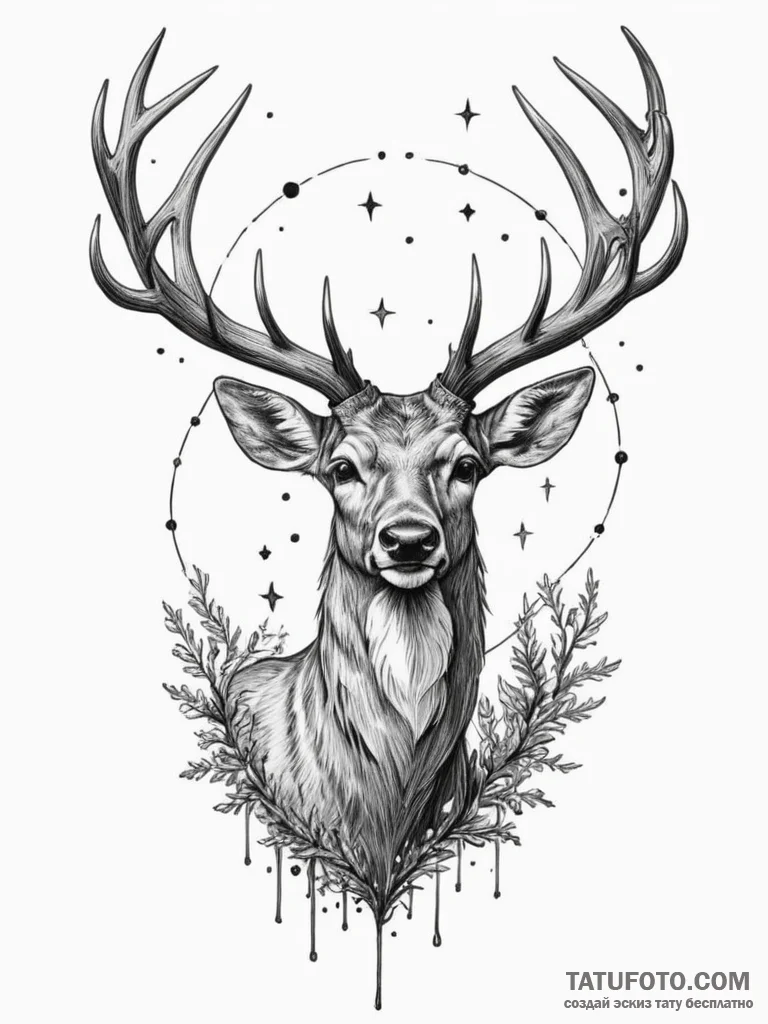 A deer with antlers made of dead branches and... - эскиз тату (№1754955838_0, 11.08.2025 23:43) — Tatufoto.com