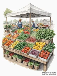 A shot of a farmer's market stall, overflowin... - эскиз тату (№1754965481_0, 12.08.2025 02:24) — Tatufoto.com