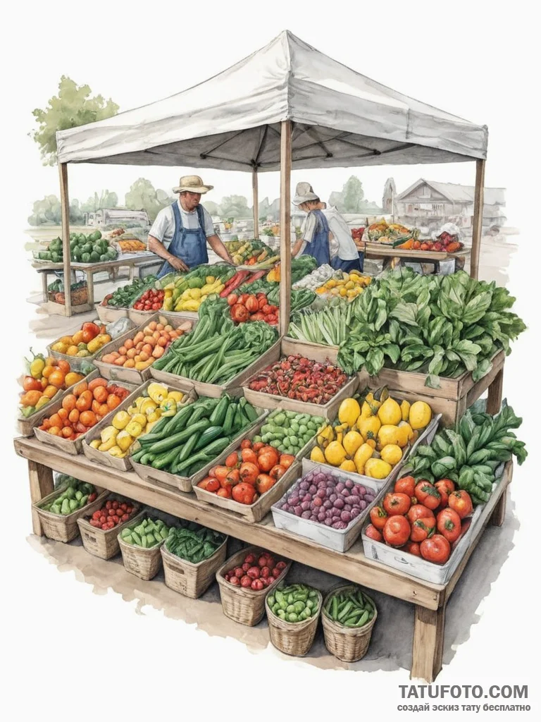 A shot of a farmer's market stall, overflowin... - эскиз тату (№1754965481_0, 12.08.2025 02:24) — Tatufoto.com