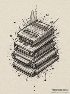 Tattoo design a stack of retro gaming cartrid... - эскиз тату (№1754966876_0, 12.08.2025 02:47) — Tatufoto.com