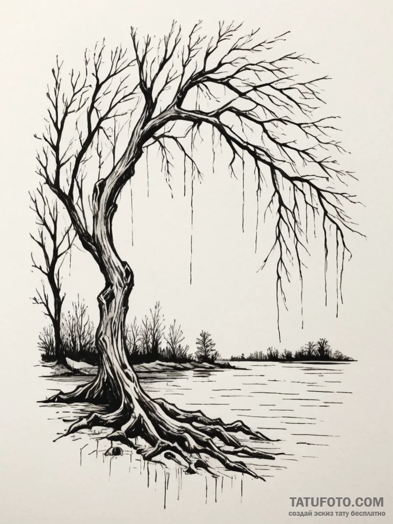 Tattoo sketch an abstract weeping willow tree... - эскиз тату (№1754968484_0, 12.08.2025 03:14) — Tatufoto.com