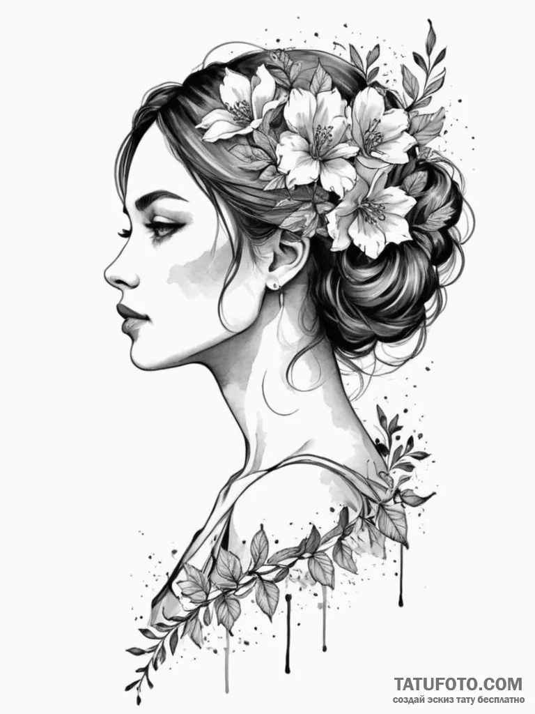 Tattoo sketch a silhouette of a woman's profi... - эскиз тату (№1754971884_0, 12.08.2025 04:11) — Tatufoto.com