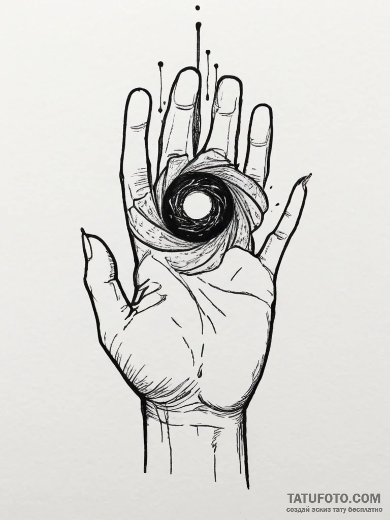 A hand holding a miniature black hole, tattoo... - эскиз тату (№1754972888_0, 12.08.2025 04:28) — Tatufoto.com