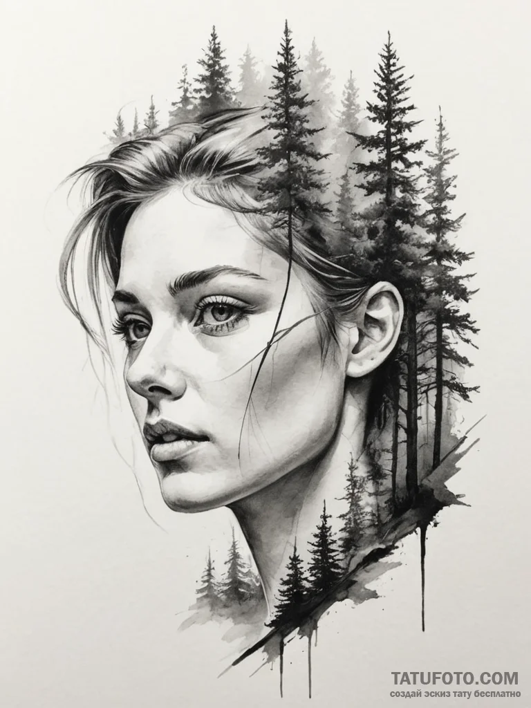A double exposure effect (e.g., a portrait an... - эскиз тату (№1754973287_0, 12.08.2025 04:34) — Tatufoto.com