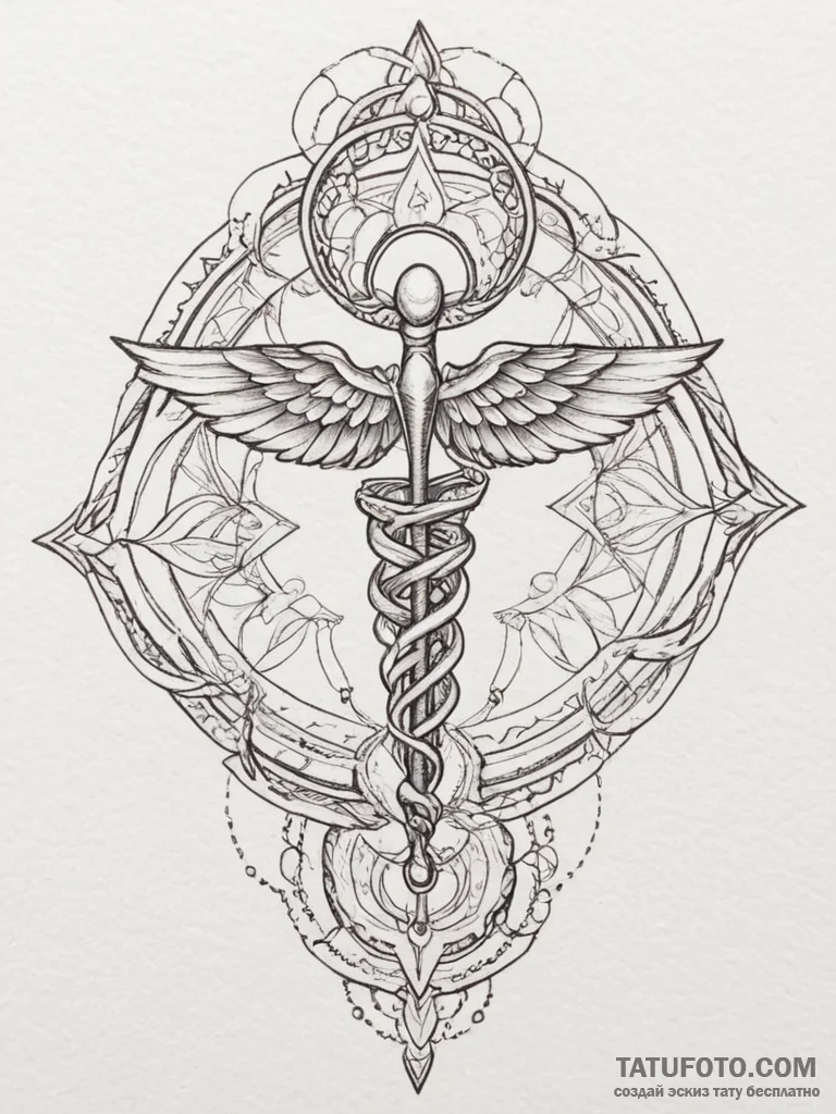 Caduceus, tattoo line art, on a clean white p... - эскиз тату (№1754974285_0, 12.08.2025 04:51) — Tatufoto.com