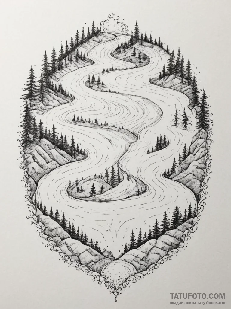 Tattoo design a flowing river of code that tr... - эскиз тату (№1754978509_0, 12.08.2025 06:01) — Tatufoto.com