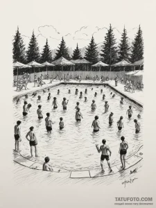 A shot of a crowded public swimming pool on a... - эскиз тату (№1754980310_0, 12.08.2025 06:31) — Tatufoto.com