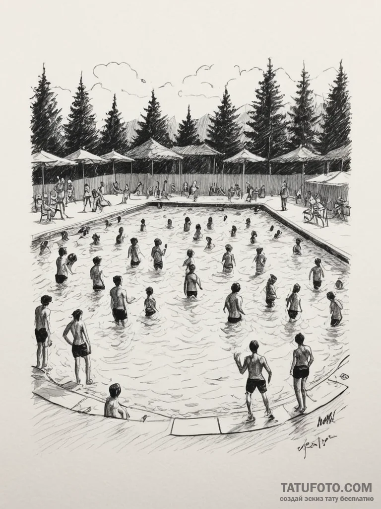 A shot of a crowded public swimming pool on a... - эскиз тату (№1754980310_0, 12.08.2025 06:31) — Tatufoto.com
